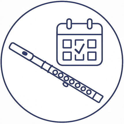 Flauta ar kalendāra ikonu violetā līnijzīmējumā uz balta fona