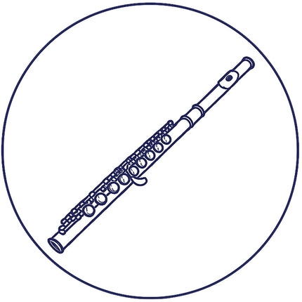 Flauta ar taustiņiem violetā līnijzīmējumā uz balta fona